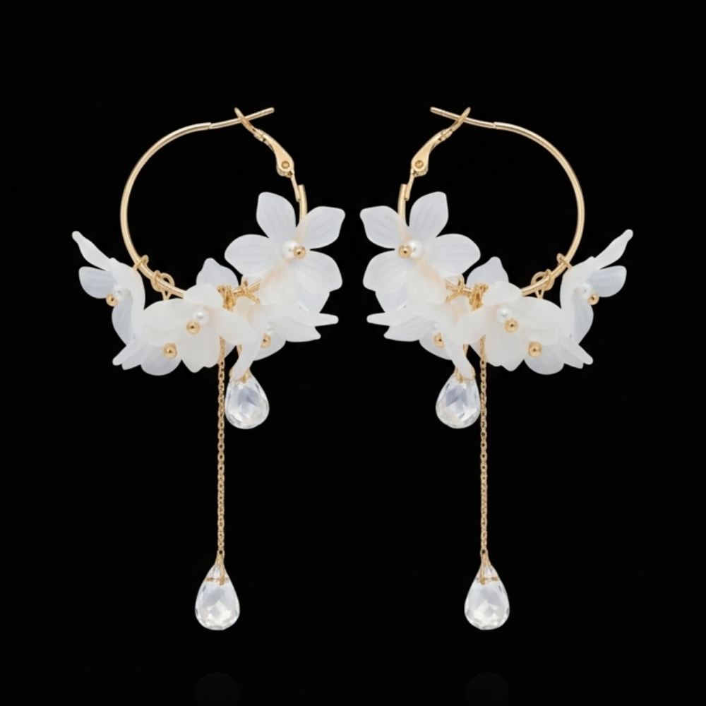 🆕️ Elegant Gold and White Floral Hoop Earrings